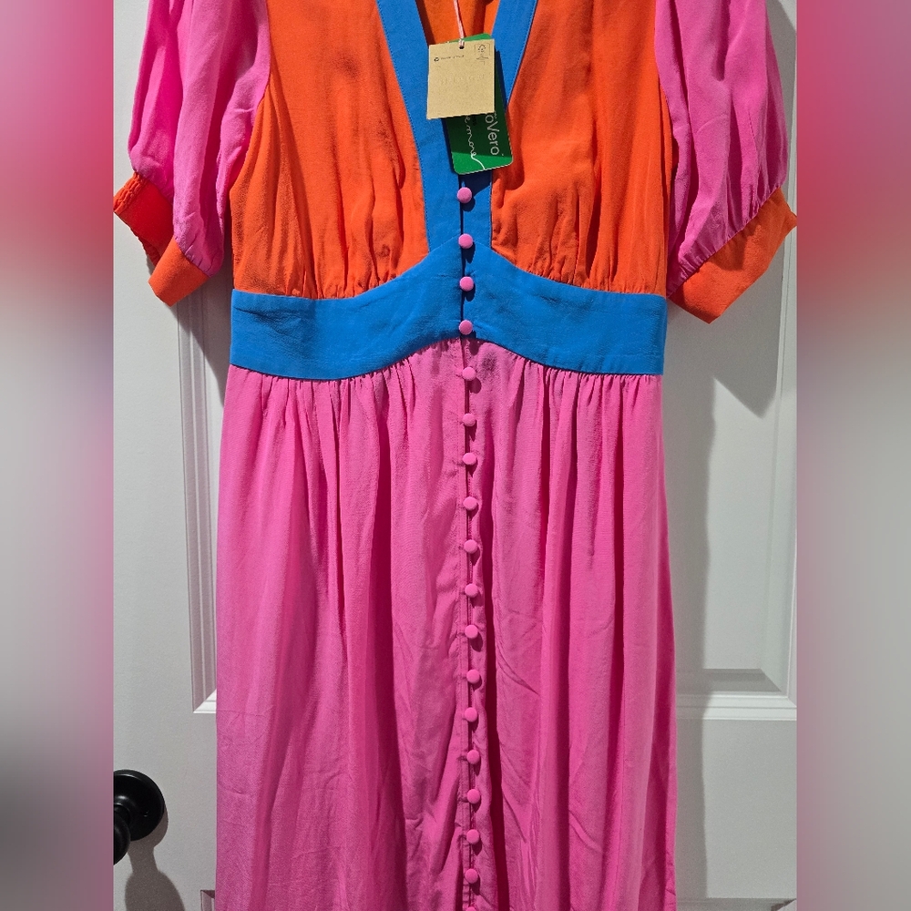 NWT Boden Pink Elsa Midi Tea Dress, Pink, Blue And Orange W/ Buttons - Picture 12 of 13
